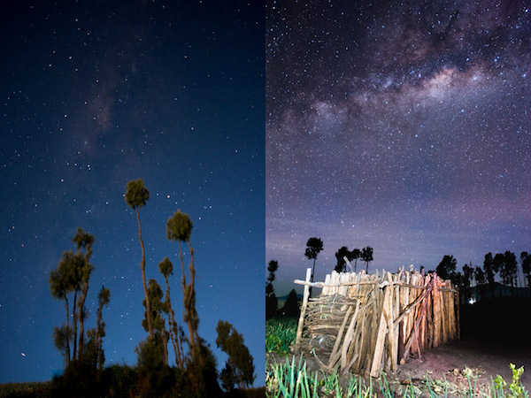 The Milky Way as seen on a full moon (left) and moonless night. The picture on the left was shot in the month of October where the (faint) Milky Way appears more vertical than the one on the right shot in May
